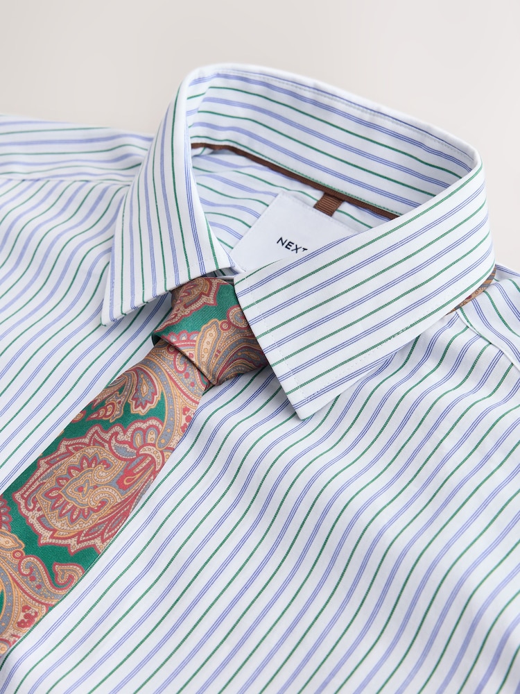 White/Blue/Green Slim Fit Two Tone Stripe Formal Shirt and Tie Set - Image 2 of 9