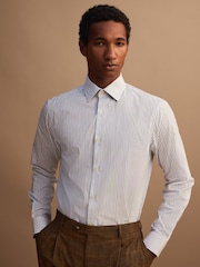 White/Blue/Green Slim Fit Two Tone Stripe Formal Shirt and Tie Set - Image 3 of 9