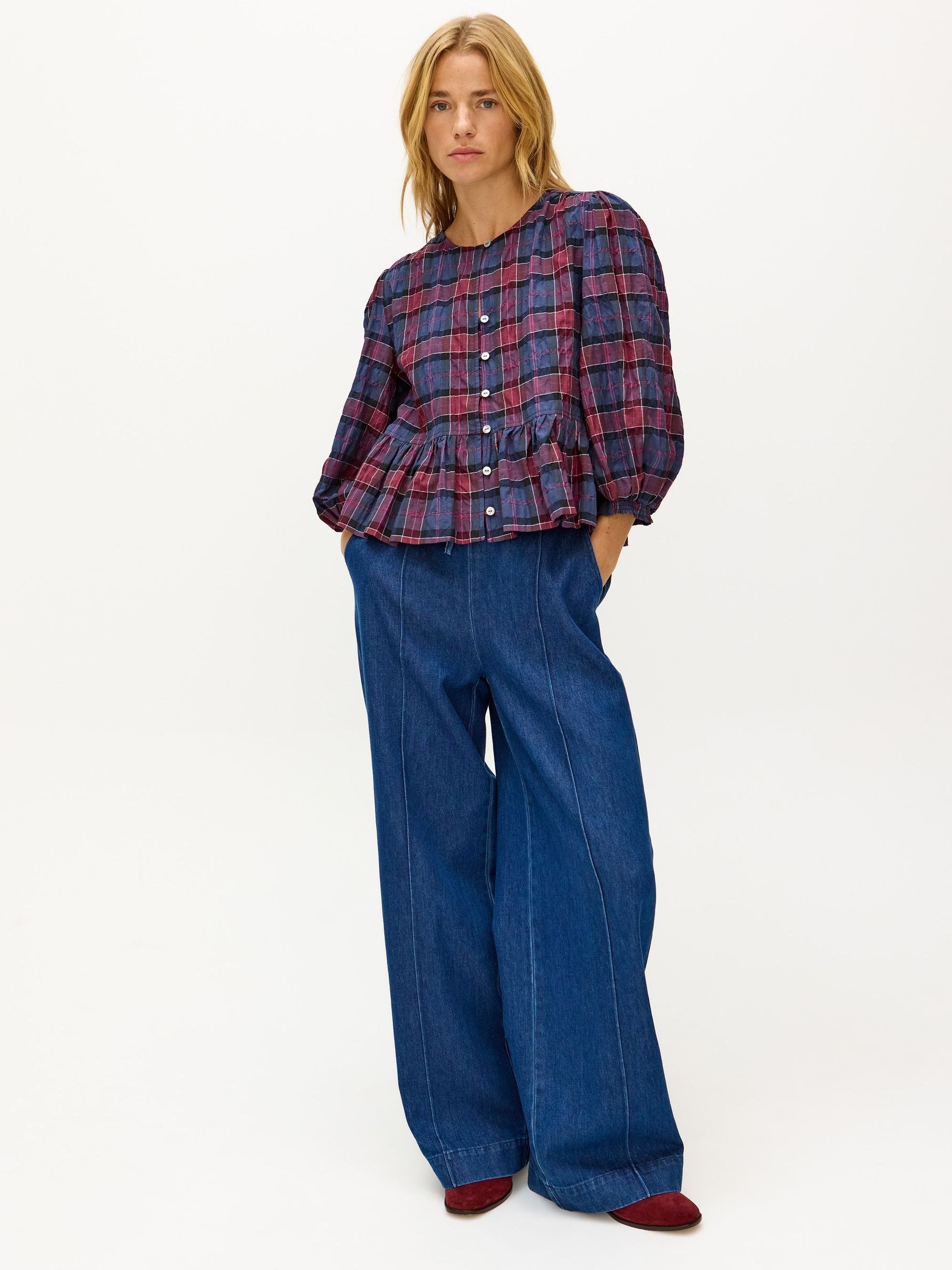 Checked Flared Peplum Top／her lip to Checked Flared Peplum Top Peplum Top Checked New Crinkled Year-Round