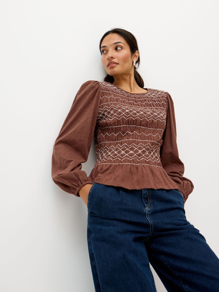 Oliver Bonas Brown Shirred Bodice Long Sleeve Top - Image 1 of 8 Oliver Bonas Brown Shirred Bodice Long Sleeve Top - Image 1 of 8
