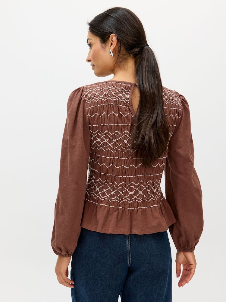 Oliver Bonas Brown Shirred Bodice Long Sleeve Top - Image 2 of 8 Oliver Bonas Brown Shirred Bodice Long Sleeve Top - Image 2 of 8