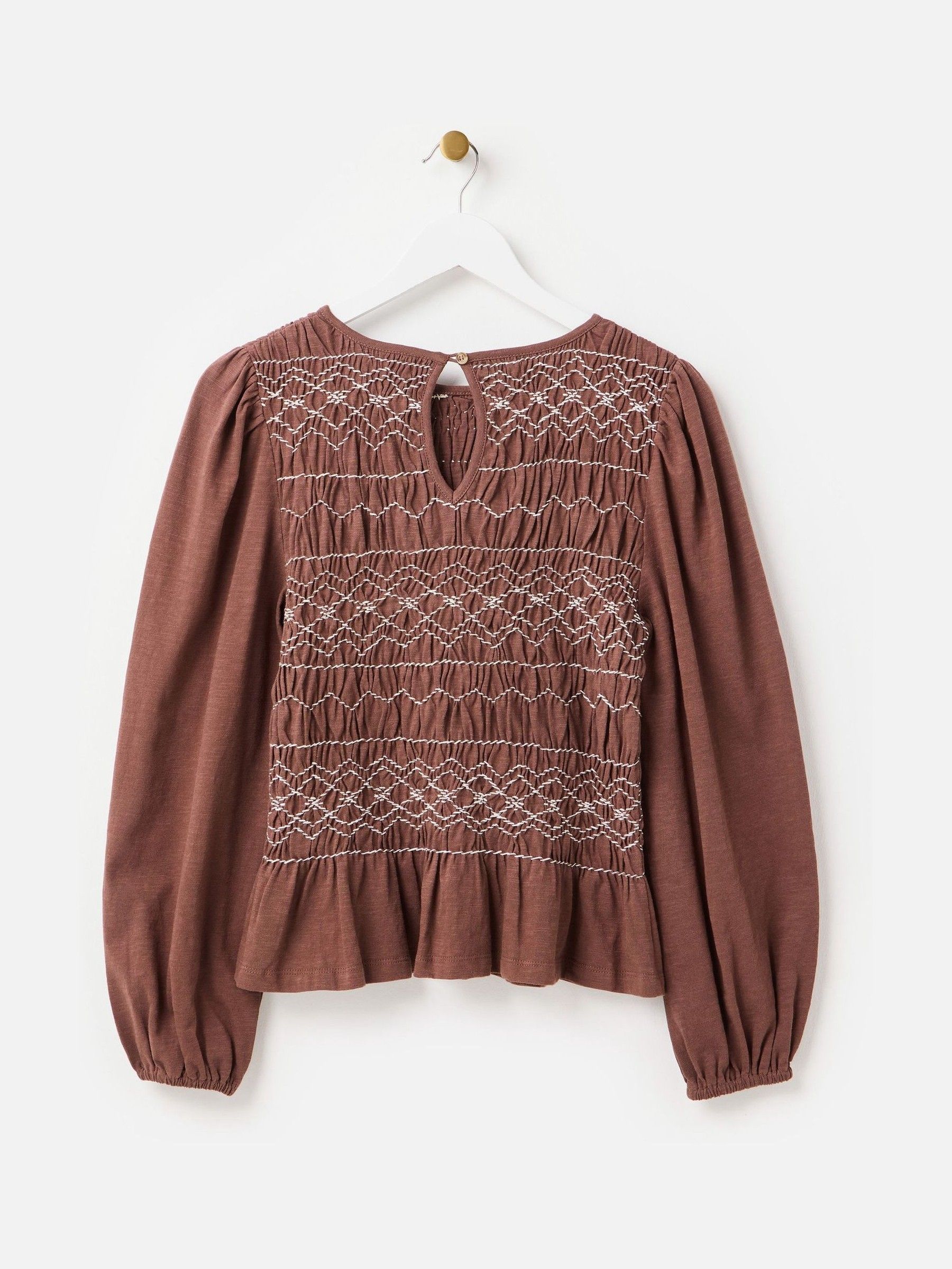 Buy Oliver Bonas Brown Shirred Bodice Long Sleeve Top from the