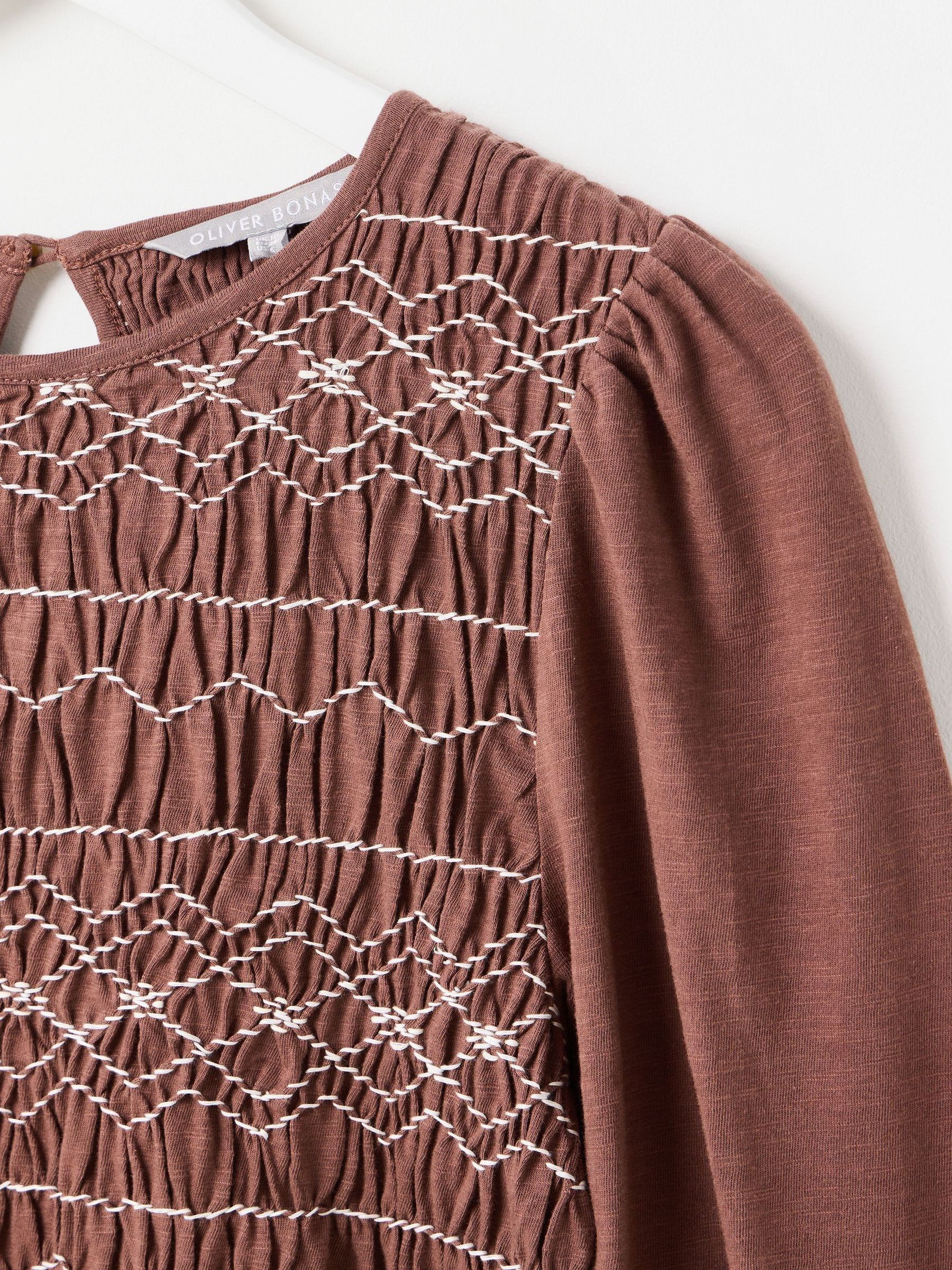 Buy Oliver Bonas Brown Shirred Bodice Long Sleeve Top from the