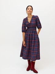 Oliver Bonas Blue Checked V-Neck Puff Sleeve Midi Dress - Image 1 of 8