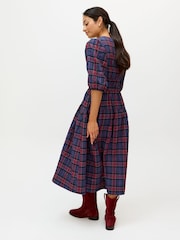 Oliver Bonas Blue Checked V-Neck Puff Sleeve Midi Dress - Image 2 of 8