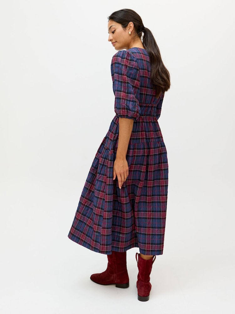 Oliver Bonas Blue Checked V-Neck Puff Sleeve Midi Dress - Image 2 of 8