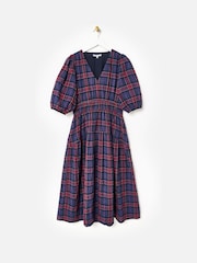 Oliver Bonas Blue Checked V-Neck Puff Sleeve Midi Dress - Image 3 of 8