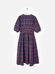 Oliver Bonas Blue Checked V-Neck Puff Sleeve Midi Dress - Image 4 of 8