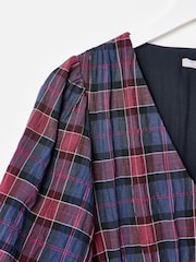 Oliver Bonas Blue Checked V-Neck Puff Sleeve Midi Dress - Image 6 of 8