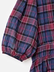 Oliver Bonas Blue Checked V-Neck Puff Sleeve Midi Dress - Image 7 of 8