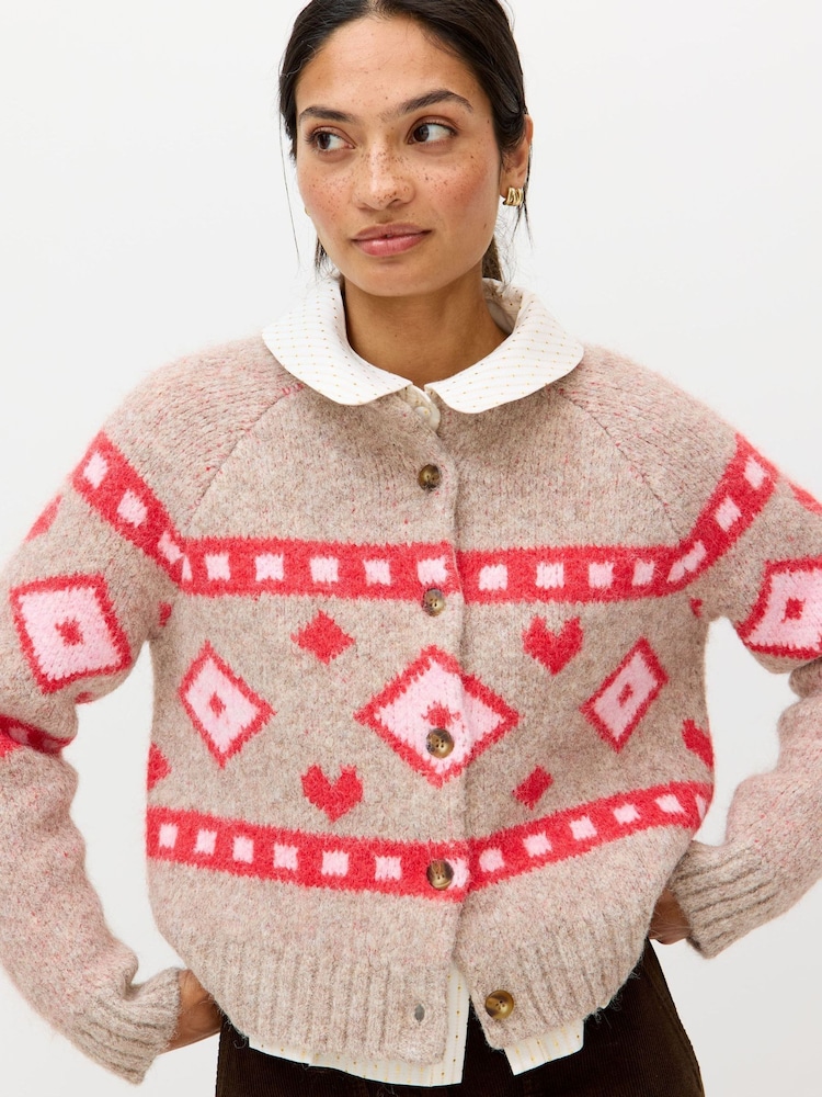 Oliver Bonas Natural Geometric Knitted Cardigan - Image 1 of 8