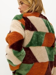 Oliver Bonas Black Geometric Patchwork Faux Fur Coat - Image 2 of 8