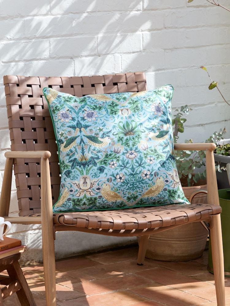 Morris & Co Mineral Yellow Strawberry Thief Piped Outdoor Cushion - Image 1 of 6