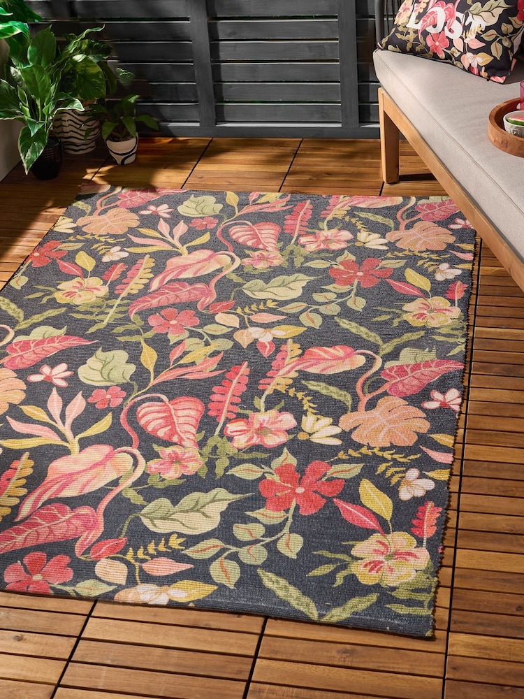 Furn Black Tropical Bloom Outdoor Rug - Image 1 of 6 Furn Black Tropical Bloom Outdoor Rug - Image 1 of 6
