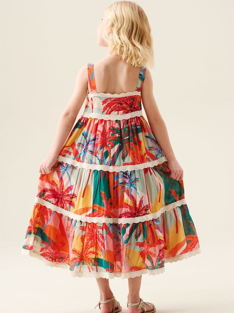 Angel & Rocket Pink Kinsley Palm Print Lace Trim Tiered Dress - Image 2 of 5