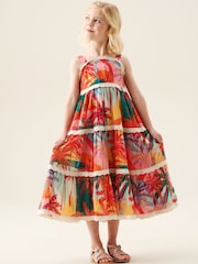 Angel & Rocket Pink Kinsley Palm Print Lace Trim Tiered Dress - Image 4 of 5