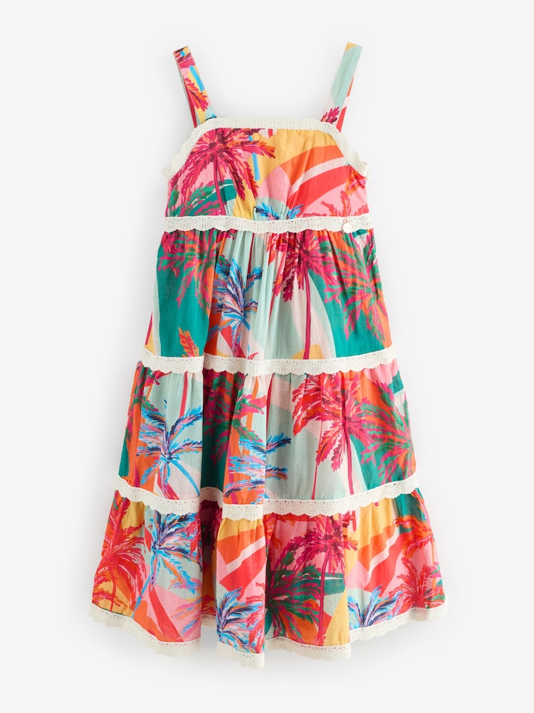 Angel & Rocket Pink Kinsley Palm Print Lace Trim Tiered Dress - Image 5 of 5