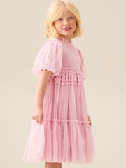 Angel & Rocket Pink Madison Puff Sleeve Ruffle Waist Mesh Dress - Image 4 of 7