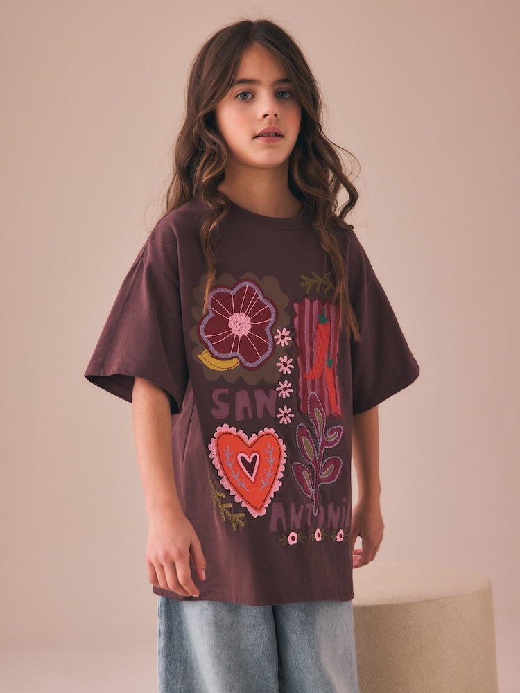 Chocolate Brown Embroidered Oversized T-Shirt (3-16yrs) - Image 2 of 4 Chocolate Brown Embroidered Oversized T-Shirt (3-16yrs) - Image 2 of 4