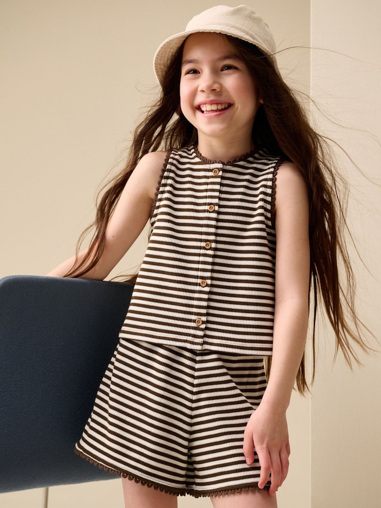 Chocolate Brown Stripe Textured Waffle Waistcoat Shorts Set (3-16yrs) - Image 1 of 4