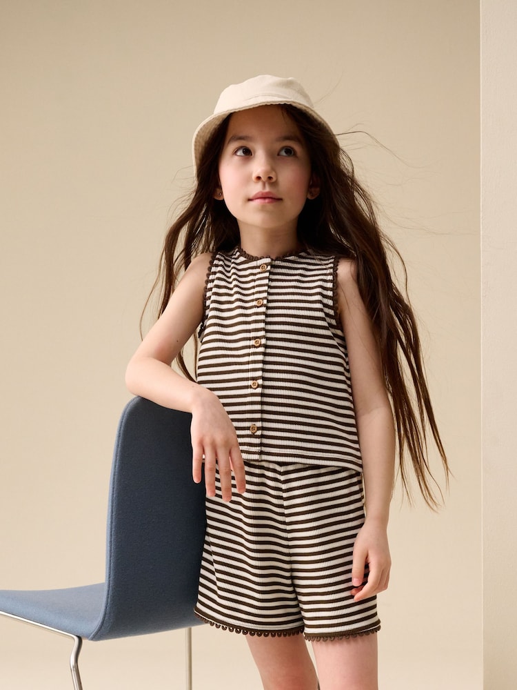 Chocolate Brown Stripe Textured Waffle Waistcoat Shorts Set (3-16yrs) - Image 2 of 4