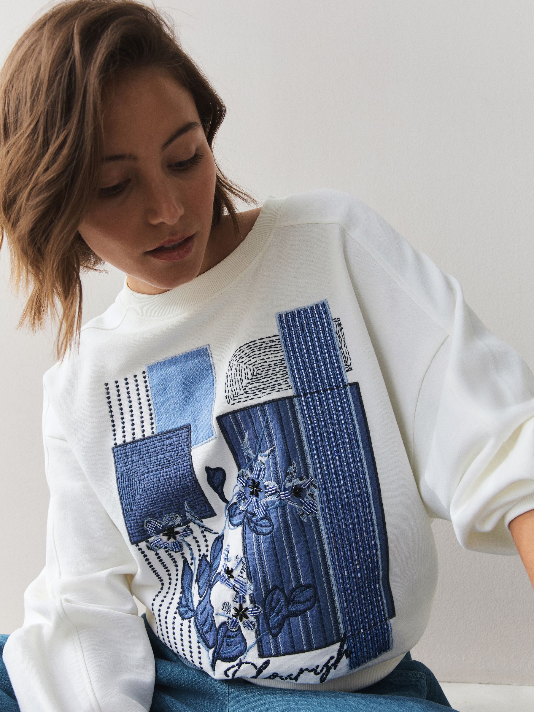 Buy White/Blue Patchwork Graphic Embroidered Sweatshirt from the