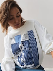 White/Blue Patchwork Graphic Embroidered Sweatshirt - Image 4 of 7