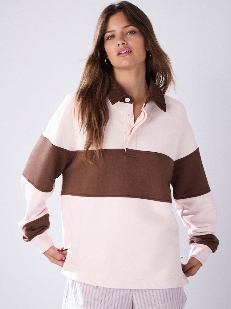 Pink/Brown Corduroy Collar Striped Rugby Shirt - Image 2 of 8
