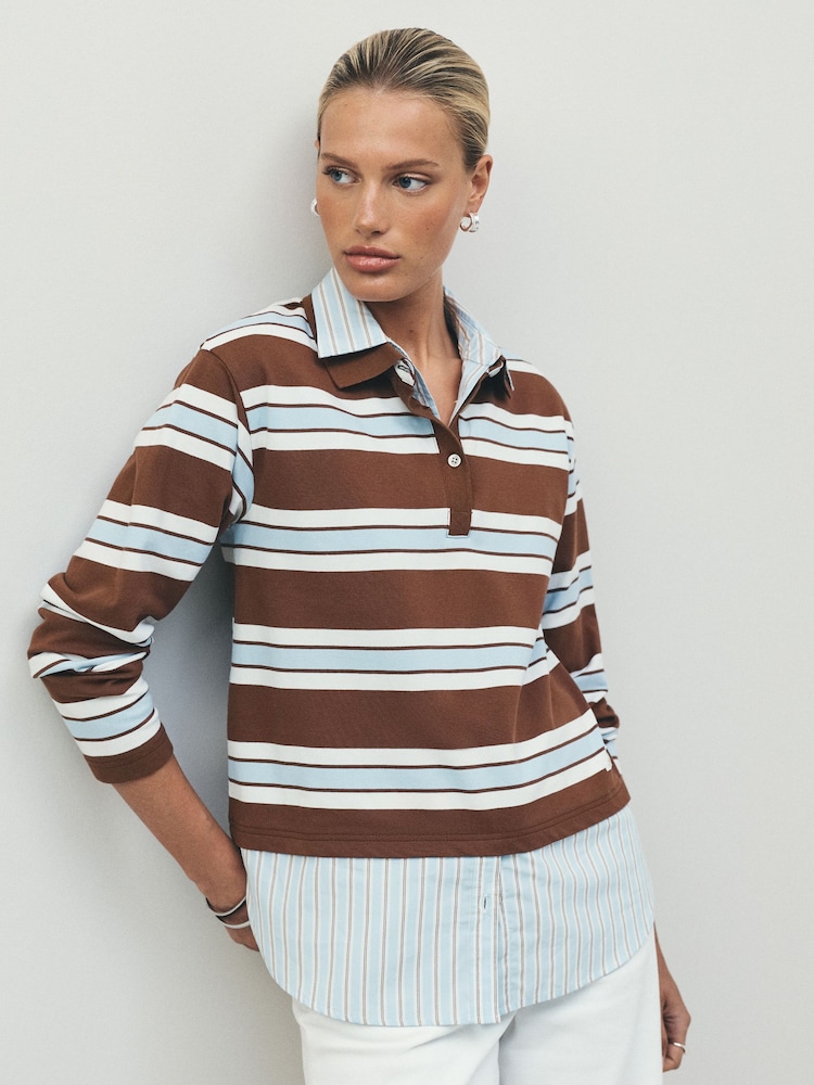 Chocolate Brown/Blue Striped Layered Polo Shirt - Image 1 of 8 Chocolate Brown/Blue Striped Layered Polo Shirt - Image 1 of 8