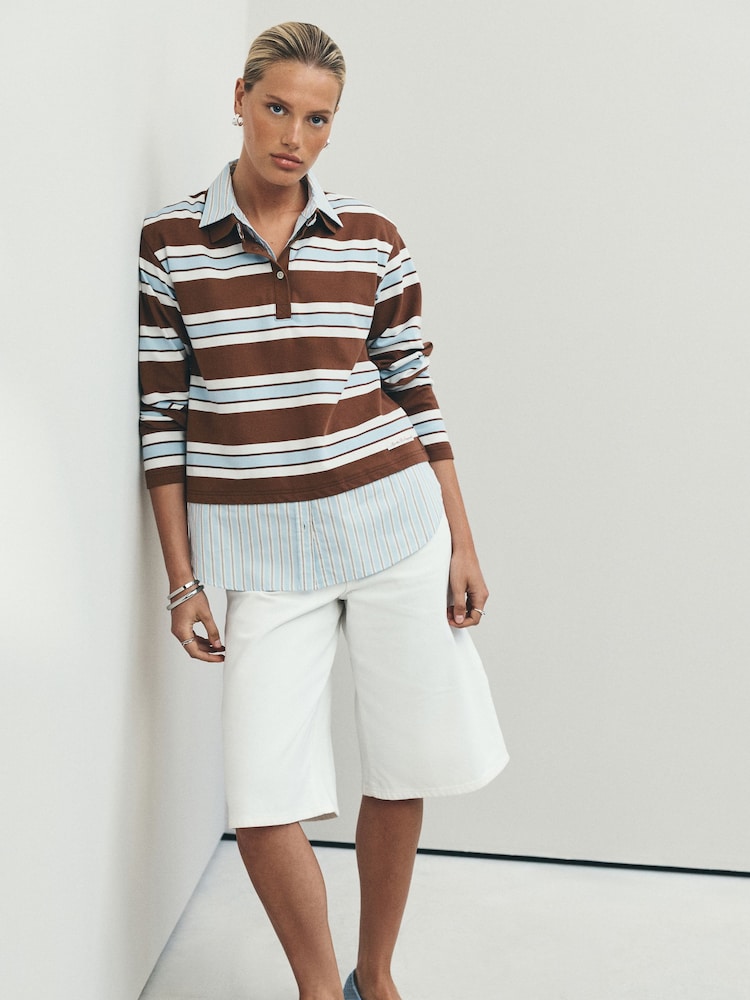 Chocolate Brown/Blue Striped Layered Polo Shirt - Image 2 of 8 Chocolate Brown/Blue Striped Layered Polo Shirt - Image 2 of 8