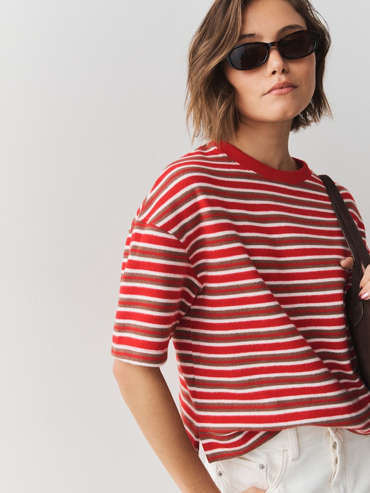 Red/White Cosy Lace Trim Short Sleeve Top - Image 1 of 7