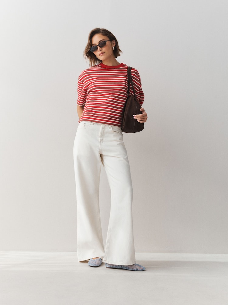 Red/White Cosy Lace Trim Short Sleeve Top - Image 2 of 7