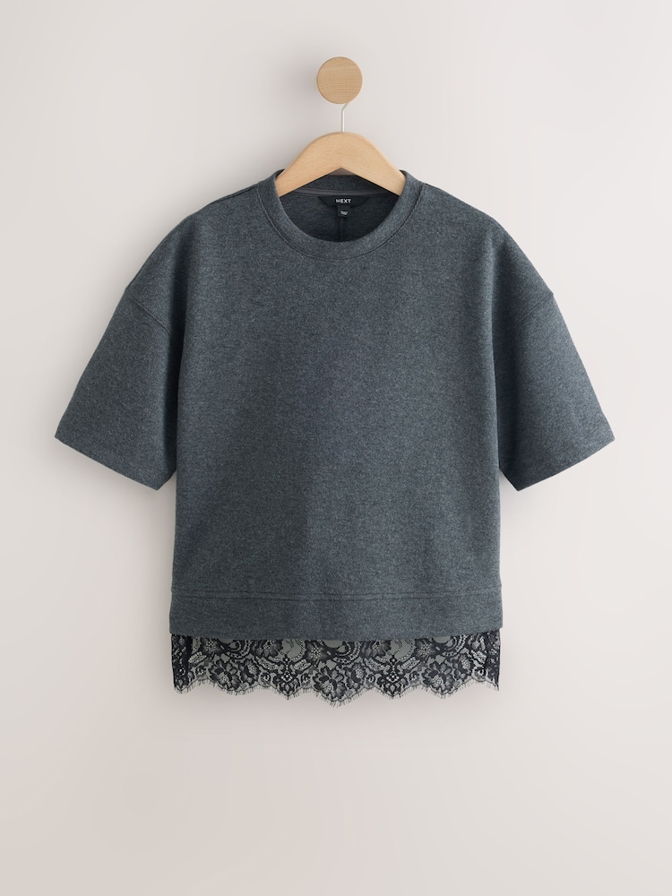 Grey Cosy Lace Trim Short Sleeve Top - Image 1 of 3