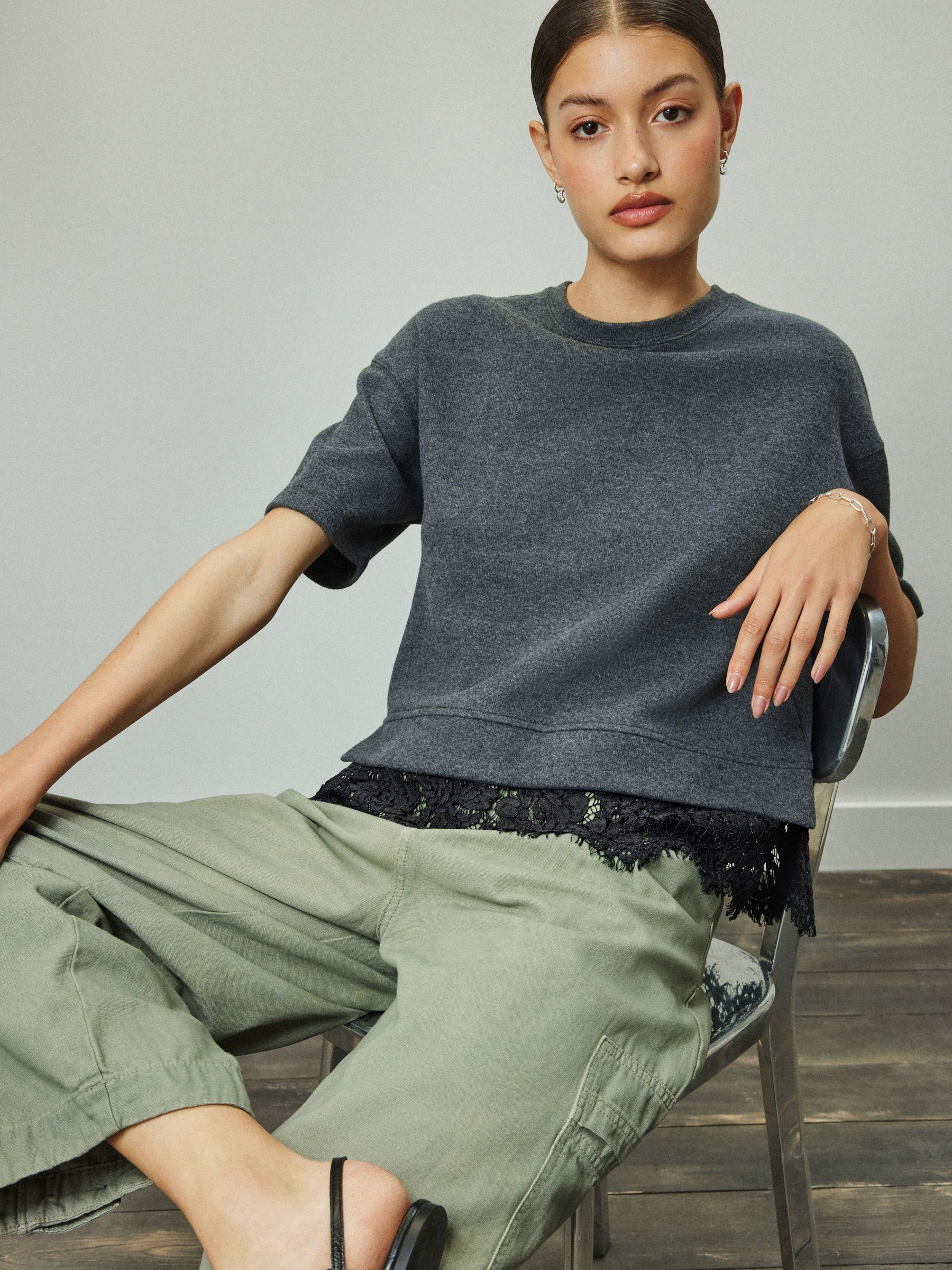 Buy Grey Cosy Lace Trim Short Sleeve Top from Next Republic of Moldova