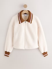 Ecru/Brown Funnel Neck Contrast Collar Borg Jacket - Image 1 of 4