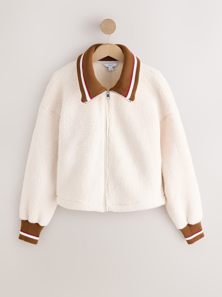 Ecru/Brown Funnel Neck Contrast Collar Borg Jacket - Image 1 of 4