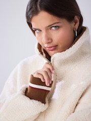Ecru/Brown Funnel Neck Contrast Collar Borg Jacket - Image 5 of 10