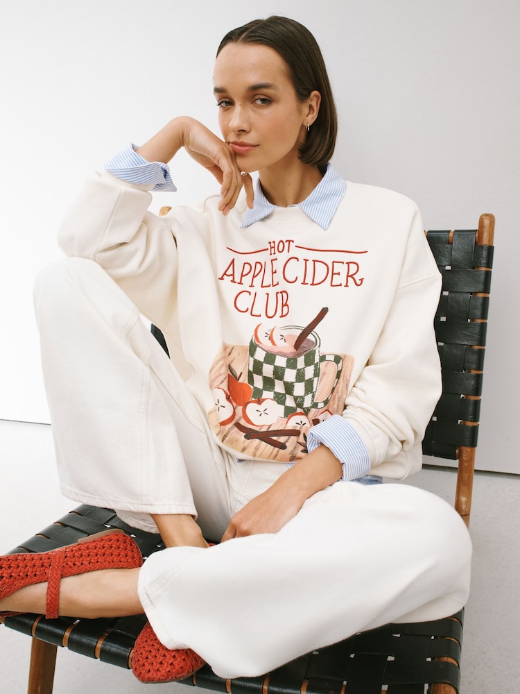 Ecru Autumnal Apple Cider Graphic Sweatshirt - Image 1 of 7 Ecru Autumnal Apple Cider Graphic Sweatshirt - Image 1 of 7