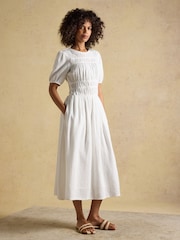 Joules Ella White Double Cloth Cotton Midi Dress - Image 1 of 9