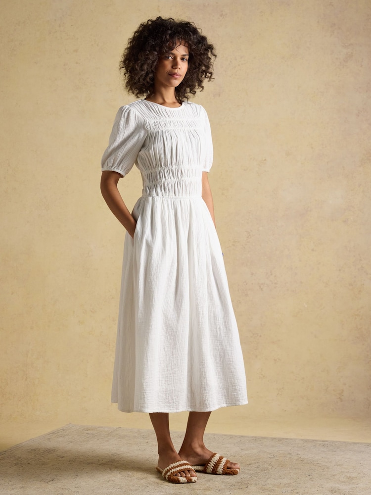 Joules Ella White Double Cloth Cotton Midi Dress - Image 1 of 9 Joules Ella White Double Cloth Cotton Midi Dress - Image 1 of 9