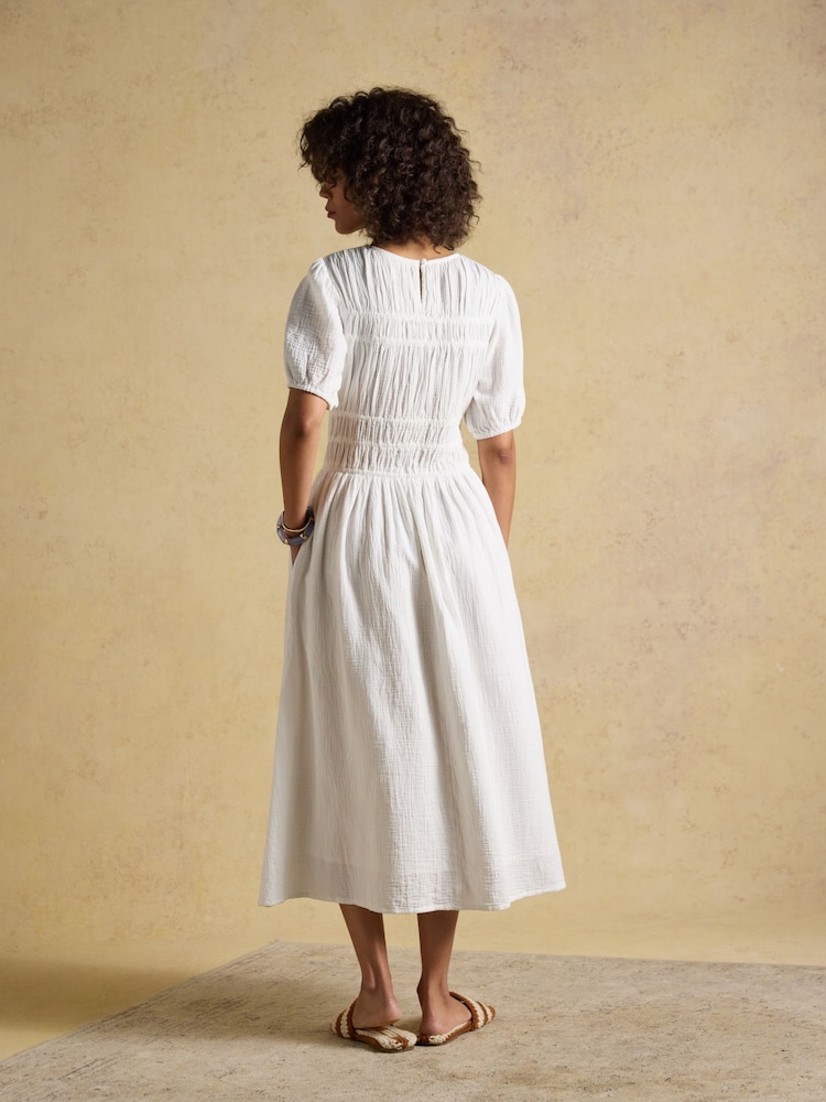 Joules Ella White Double Cloth Cotton Midi Dress - Image 2 of 9 Joules Ella White Double Cloth Cotton Midi Dress - Image 2 of 9