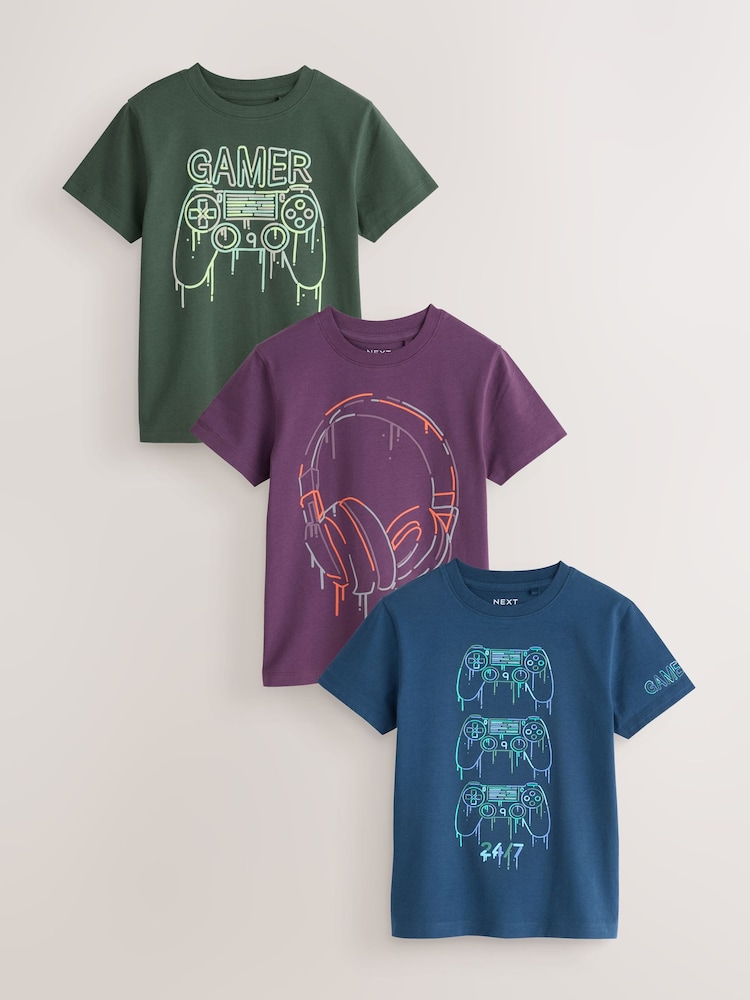 Blue/Green/Purple Regular Fit Graphic Print Short Sleeve T-Shirts 3 Pack (3-16yrs) - Image 1 of 7 Blue/Green/Purple Regular Fit Graphic Print Short Sleeve T-Shirts 3 Pack (3-16yrs) - Image 1 of 7