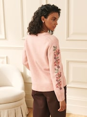 Laura Ashley Pink Embroidered Sleeve Crew Neck Jumper With A Touch Of Wool - Image 2 of 3