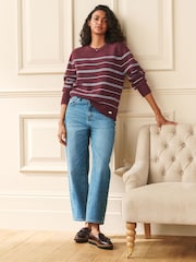 Laura Ashley Burgundy Red/Blue Stripe Crew Neck Jumper With A Touch Of Wool - Image 1 of 5