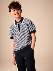 Navy/Blue Textured Knitted Polo Shirt (3-16yrs) - Image 1 of 8