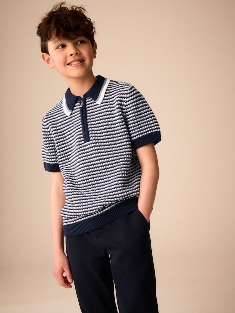 Navy/Blue Textured Knitted Polo Shirt (3-16yrs) - Image 1 of 8 Navy/Blue Textured Knitted Polo Shirt (3-16yrs) - Image 1 of 8