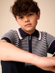 Navy/Blue Textured Knitted Polo Shirt (3-16yrs) - Image 4 of 8