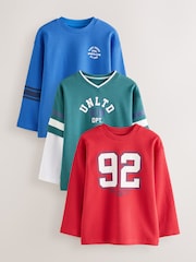 Blue/Red/Green Varsity Graphic Long Sleeve Relaxed Fit T-Shirts 3 Pack (3-16yrs) - Image 1 of 7
