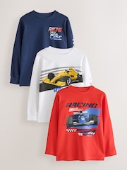 Red/White/Navy Racing Graphic Long Sleeve Relaxed Fit T-Shirts 3 Pack (3-16yrs) - Image 1 of 7