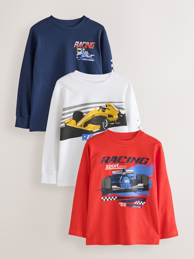 Red/White/Navy Racing Graphic Long Sleeve Relaxed Fit T-Shirts 3 Pack (3-16yrs) - Image 1 of 7 Red/White/Navy Racing Graphic Long Sleeve Relaxed Fit T-Shirts 3 Pack (3-16yrs) - Image 1 of 7